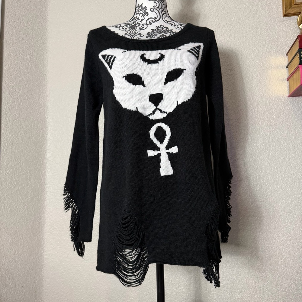 Killstar Black and White Cat Ankh Long Sleeve Top